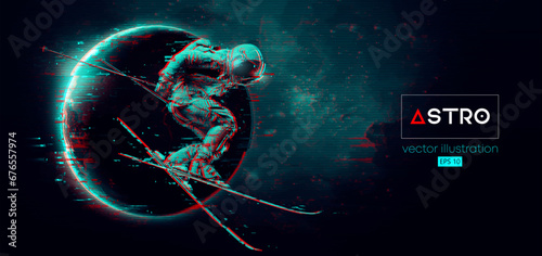 Abstract silhouette of a skiing astronaut in space action and Earth, Mars, planets on the background of the space. The skier man doing a trick. Carving Vector 3d render illustration