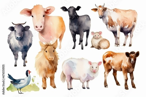 Collection of watercolor farm animals. Generative AI