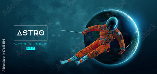 Abstract silhouette of a skiing astronaut in space action and Earth, Mars, planets on the background of the space. The skier man doing a trick. Carving Vector 3d render illustration