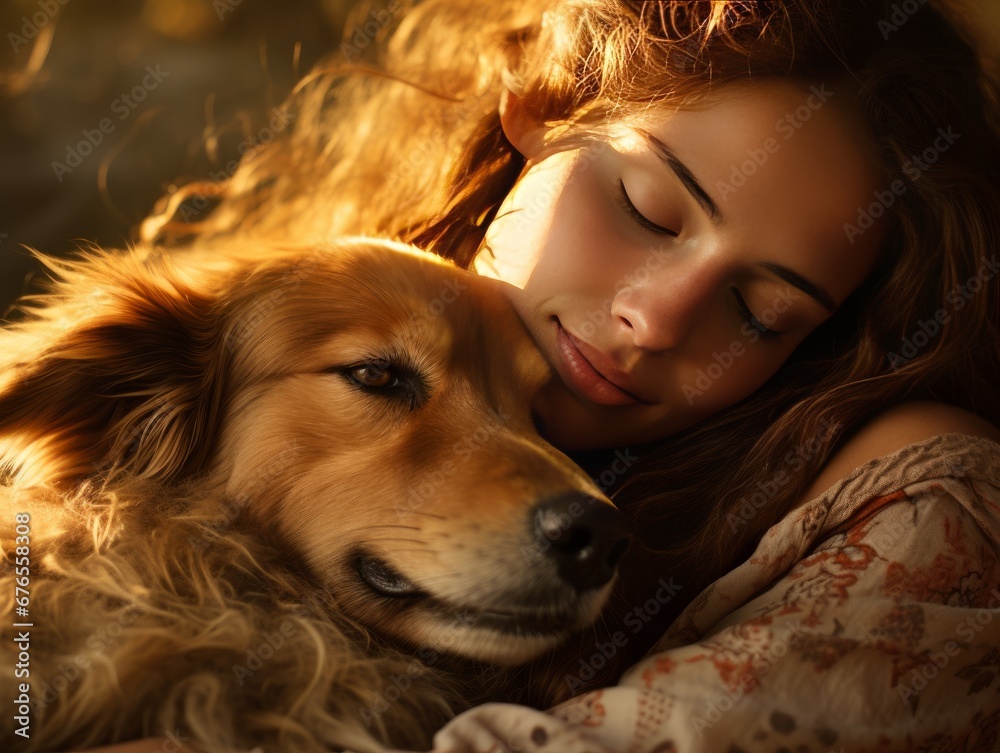 Military girl hugs dog with her eyes closed in the warm rays of the sun, AI