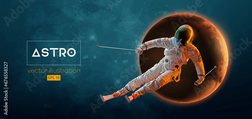 Abstract silhouette of a skiing astronaut in space action and Earth, Mars, planets on the background of the space. The skier man doing a trick. Carving Vector 3d render illustration