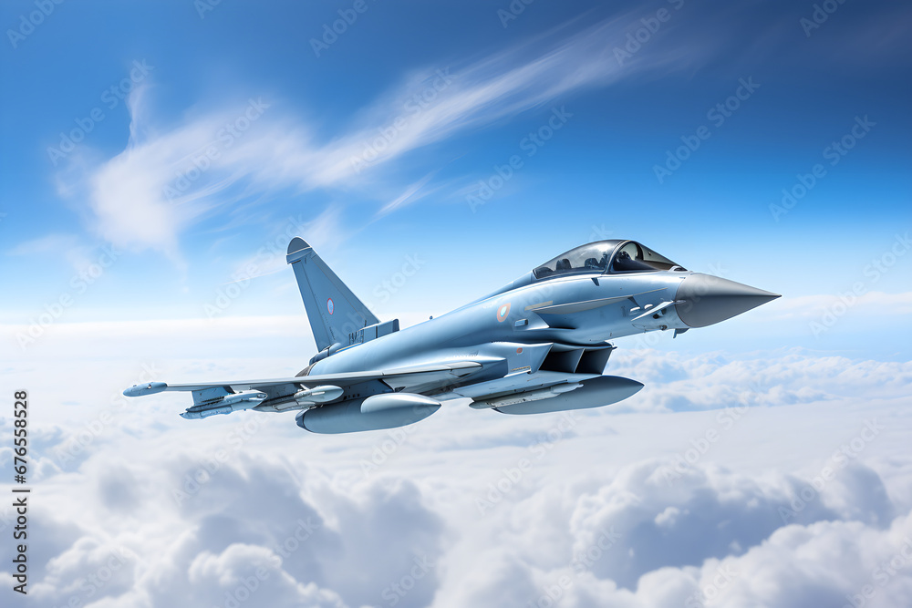 Moderner Düsenjäger, Eurofighter Typhoon, Kampfflugzeug in Tarnfarbe, erstellt mit generativer KI - obrazy, fototapety, plakaty 