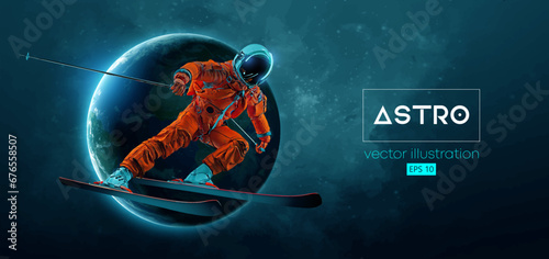 Abstract silhouette of a skiing astronaut in space action and Earth, Mars, planets on the background of the space. The skier man doing a trick. Carving Vector 3d render illustration