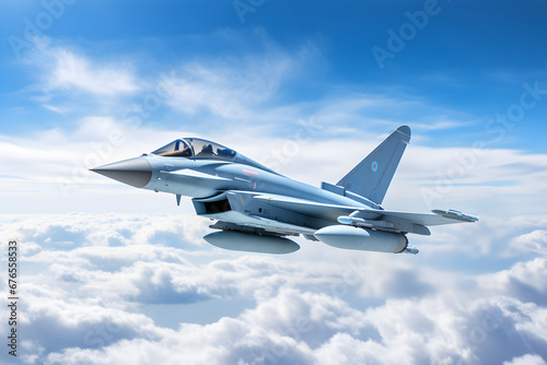 Moderner Düsenjäger, Eurofighter Typhoon, Kampfflugzeug in Tarnfarbe, erstellt mit generativer KI