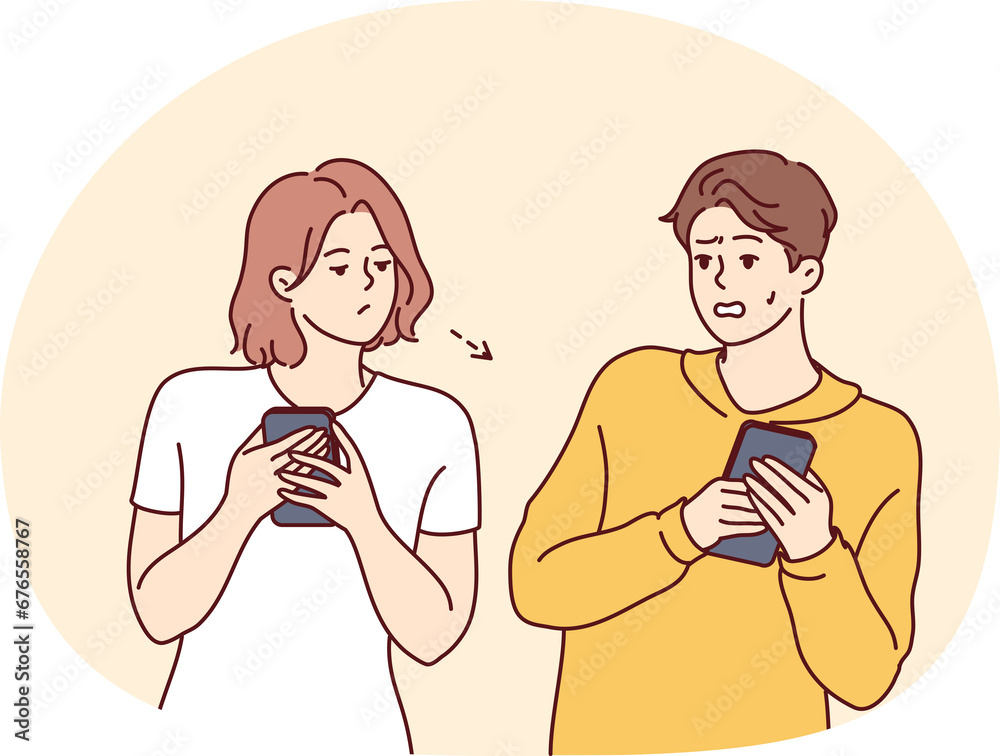 Man hides mobile phone from curious woman peeping and exploding in private space. Vector image Man hides mobile phone from curious woman peeping and exploding in private space. Vector image