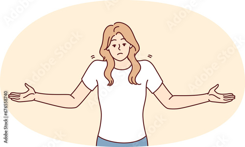 Unsure woman throws up hands demonstrating lack of correct answer to question asked. Vector image