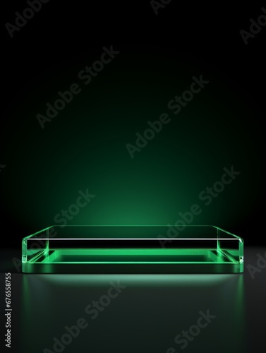 Green Glossy Surface Minimalistic Product Podium. The Stage for Product Presentation on Black Background. Geometric Platform Pedestal. Ai Generated Vertical Podium Mockup for a Product advertisement. © Vector Juice