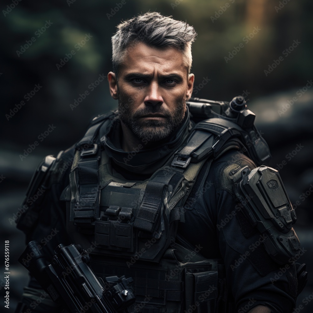 A man in military gear with a gun. Generative AI.