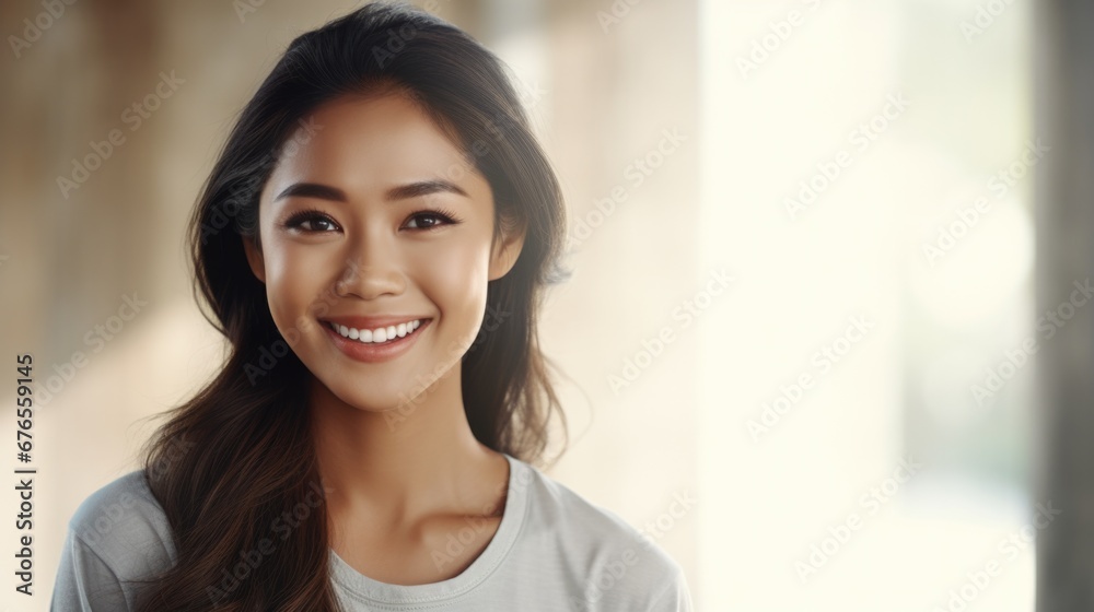A woman smiling with her teeth white. Generative AI. A woman smiling with her teeth white. Generative AI.