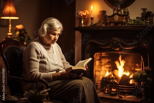 An elderly woman sits by the fireplace with a picture of her late spouse and book, loneliness © Idressart