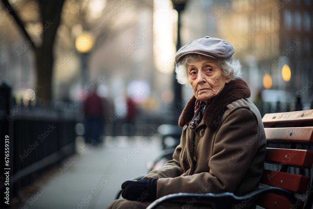 Elderly woman sitting on a bench in park, loneliness Elderly woman sitting on a bench in park, loneliness