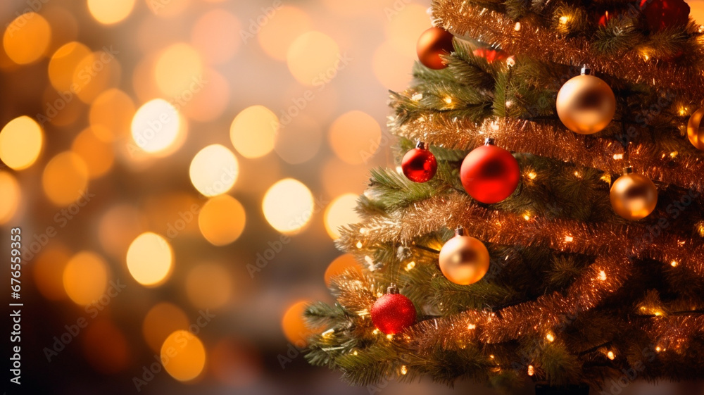 closeup of christmas tree with decorations on blurred background