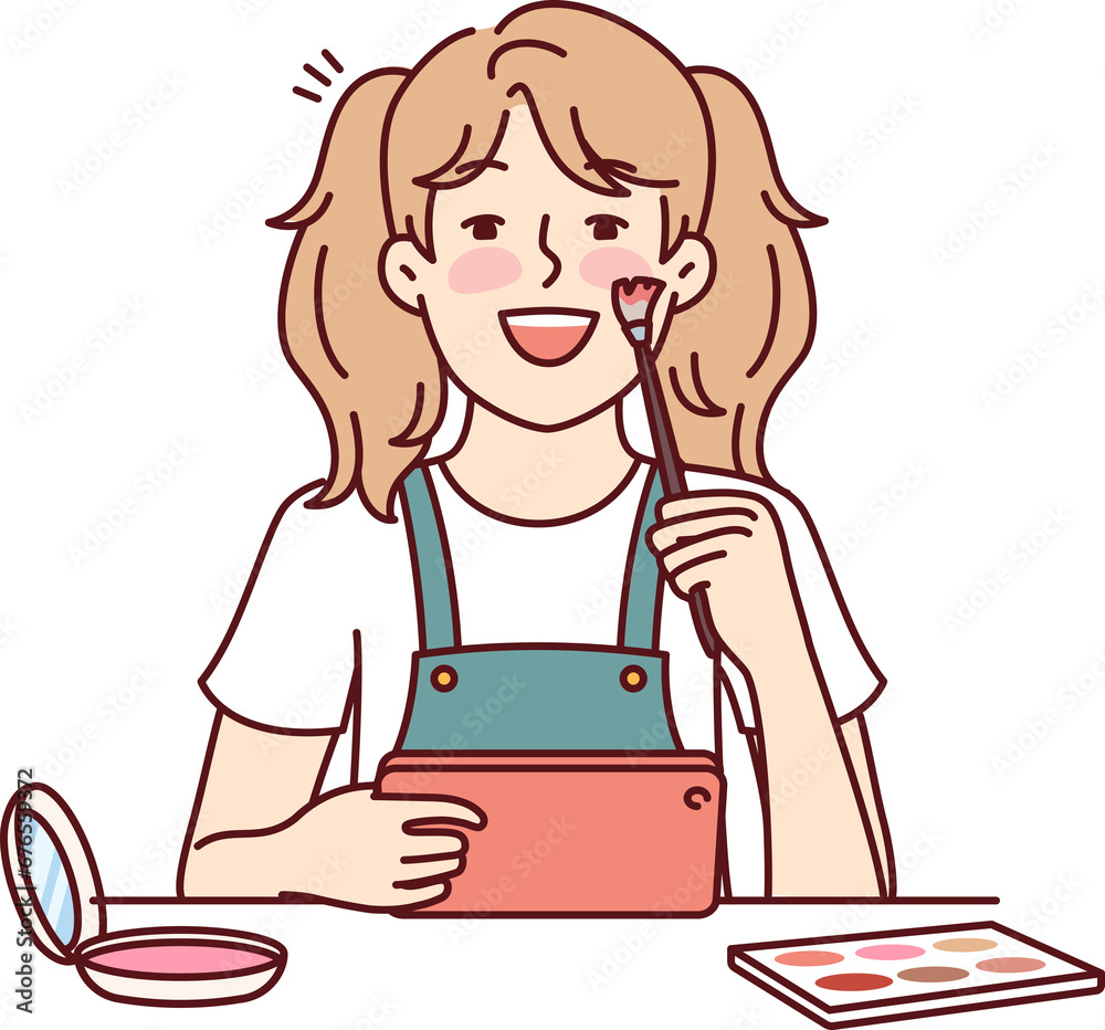 Little girl puts on makeup and puts on powder and shadows on face to look like mother Little girl puts on makeup and puts on powder and shadows on face to look like mother