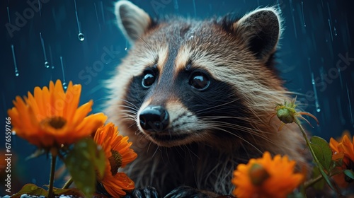  a close up of a raccoon in a field of flowers with rain falling down on it's face.  generative ai © Anna