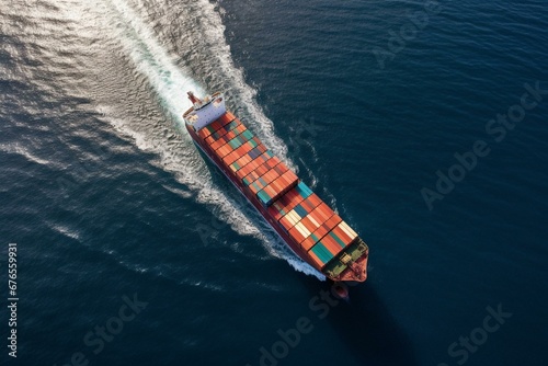 Bird's-eye view of freighter carrying shipping containers on the ocean. Generative AI © Jemima