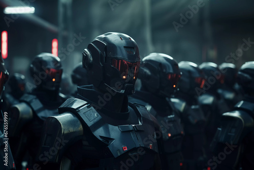 Futuristic Soldiers in Dystopian City. Advanced Robotic Army. Created with Generative AI.