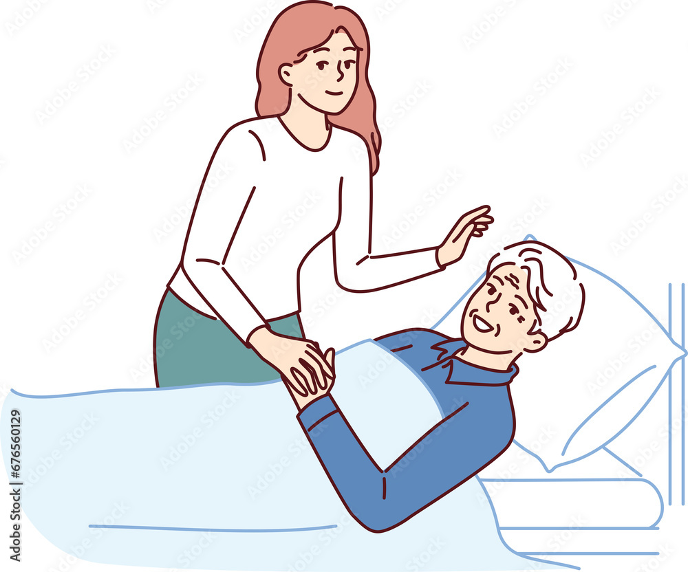 Daughter visits old bedridden father and takes care of gray-haired man in hospital after operation Daughter visits old bedridden father and takes care of gray-haired man in hospital after operation