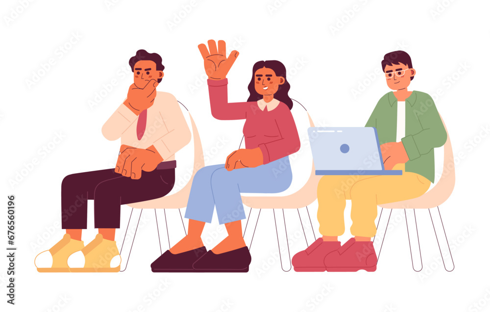 Participating in seminar cartoon flat illustration. Diverse people lecture participants 2D characters isolated on white background. Class training course, diversity scene vector color image Participating in seminar cartoon flat illustration. Diverse people lecture participants 2D characters isolated on white background. Class training course, diversity scene vector color image