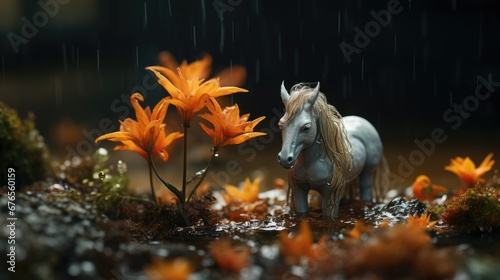  a white horse standing next to a bunch of orange flowers in a field of grass and flowers in the rain.  generative ai