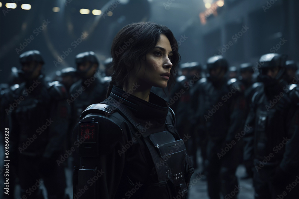 Futuristic Soldiers in Dystopian City. Advanced Robotic Army. Created with Generative AI.
