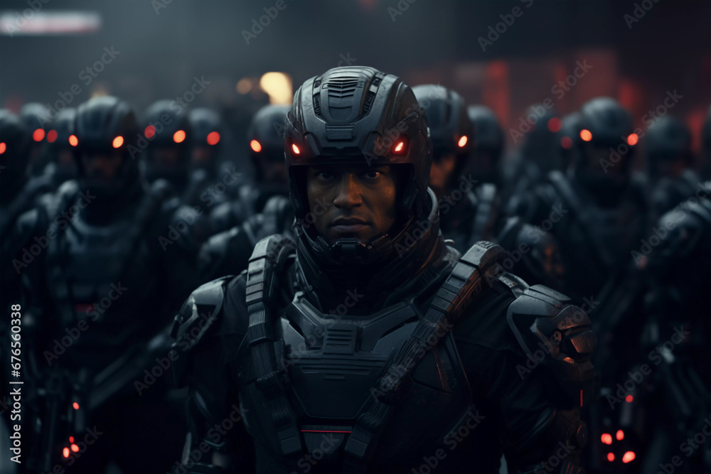 Fototapeta premium Futuristic Soldiers in Dystopian City. Advanced Robotic Army. Created with Generative AI.