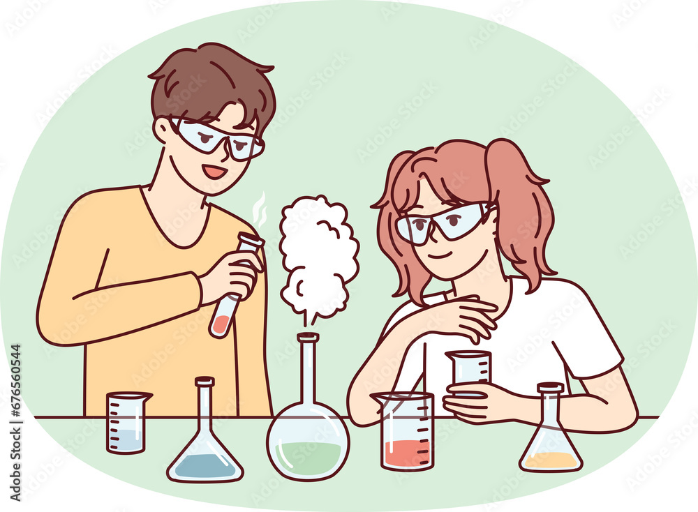 Youth boy and girl conduct chemical experiments standing near table with test tubes. Vector image Youth boy and girl conduct chemical experiments standing near table with test tubes. Vector image