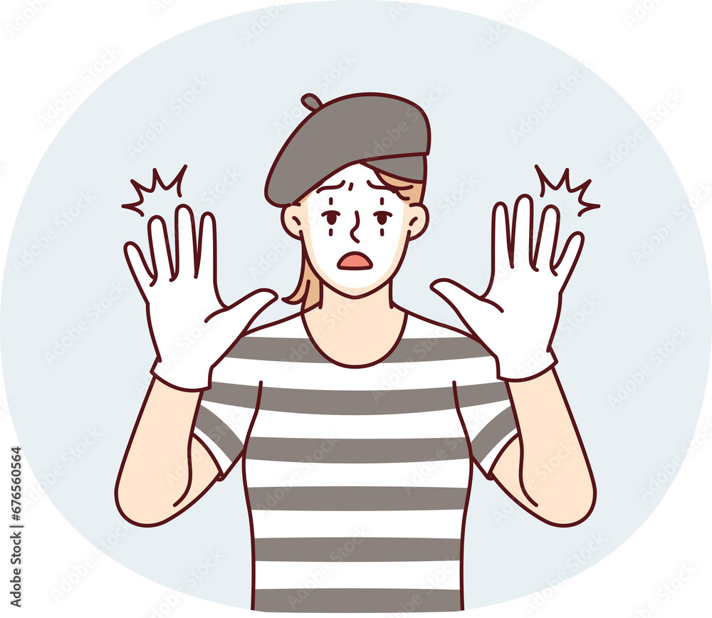 Woman clown with white face entertains people by acting as mime and touches screen. Vector image