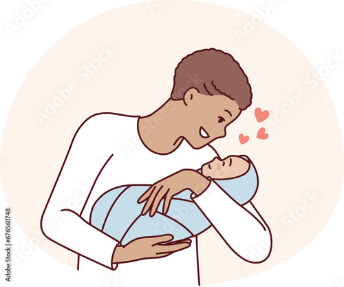 Loving man holds newborn baby in arms and smiles enjoy communication with own son. Vector image