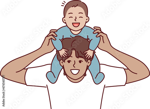 Man put baby on neck and laughed, rejoicing at presence of younger brother or beloved son photo