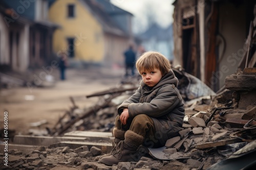 A child who suffered from war. War. Destroyed houses as a result of the war.
