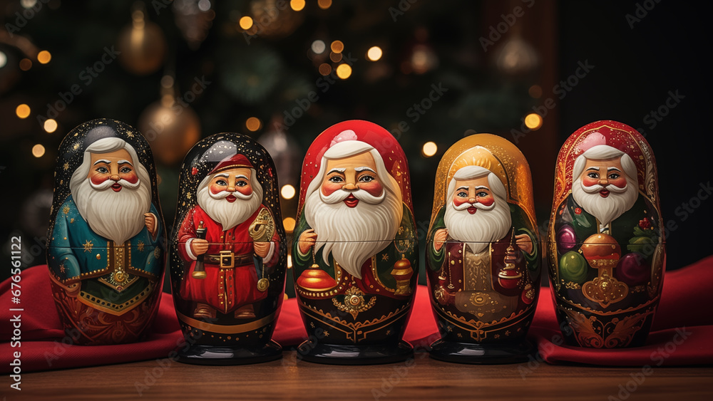 Fototapeta premium Santa Matryoshka in front of the Christmas tree