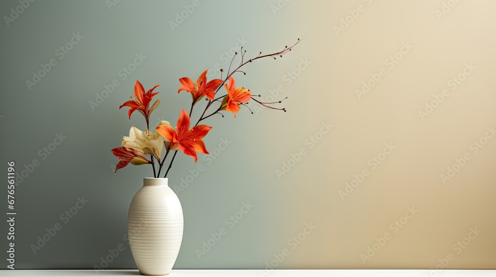  a white vase with red and yellow flowers inside of it on a table next to a blue and white wall.  generative ai - obrazy, fototapety, plakaty 
