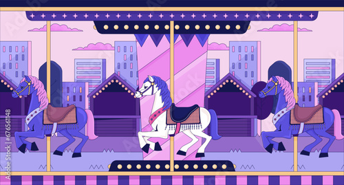 Sunset city carousel horses lofi wallpaper. Fairground merry-go-round cityscape urban 2D scene cartoon flat illustration. Retro amusement park chill vector art, lo fi aesthetic colorful background