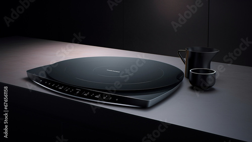 modern kitchen table with black ceramic ware and utensils on black background photo
