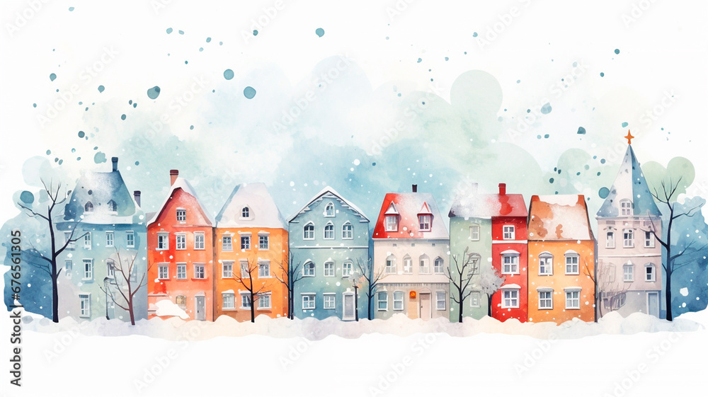 watercolor winter christmas card with houses, trees and lanterns