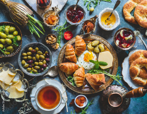 Turkish breakfast table. Flat-lay of fresh pastries, vegetables, greens, olives, cheeses, fried eggs, jams, honey, tea in copper pot and tulip glasses, top view. Middle Eastern meal