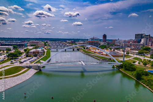 Aerial shot of the Iowa Women of Achievement Bridge in Downtown Des Moines, Iowa photo