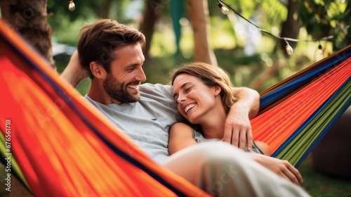 Happy young traveling couple resting together on a hammock during camping in nature