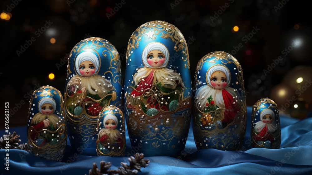 Several cute matryoshkas in front of the Christmas tree