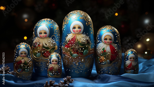 Several cute matryoshkas in front of the Christmas tree photo