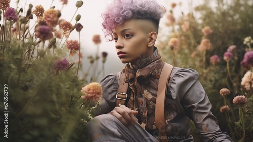 Queer, Gender Fluid, Mixed Race, LGBT Teen Girl Boy with Pink Mohawk in Field of Flowers photo
