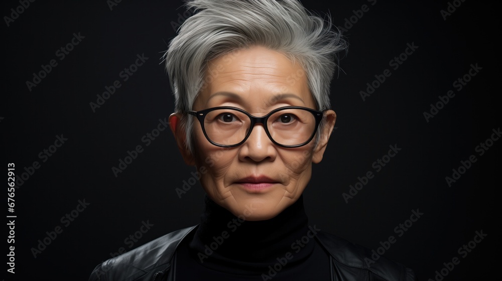 Portrait of Successful Asian Woman Female Middle-Aged Confident Entrepreneur Businesswoman with Gray Hair in Studio wearing Black Leather Jacket Coat Glasses
