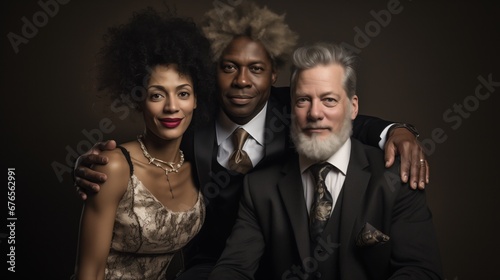 Polyamorous Throuple with Multiracial Black White Woman Man in Ethical Non-Monogamy ENM Non-Traditional Relationship Alternative Lifestyle, Sexuality, Middle Aged Studio Portrait Formal Attire