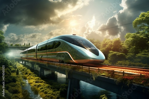 Conceptual rendering of fast train transportation. Generative AI