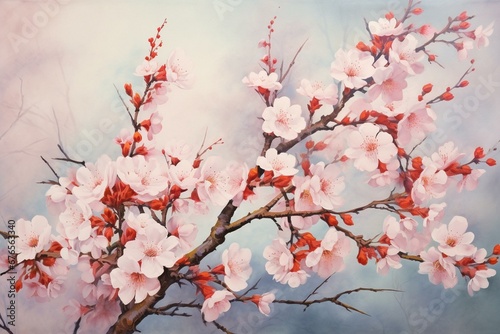 Traditional floral painting of sakura and plum blossoms in the Chinese style. Generative AI