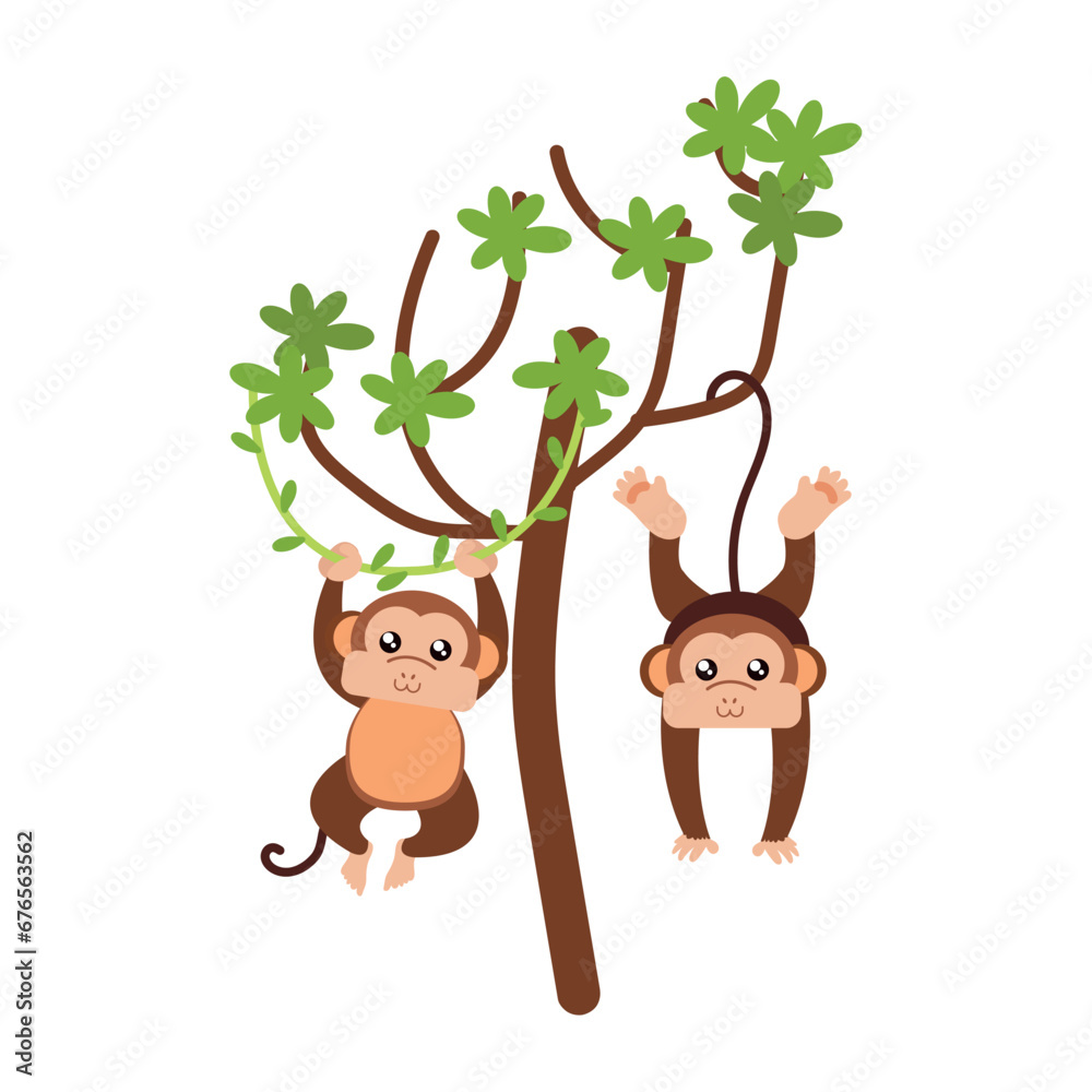 Fototapeta premium Pair of cute monkey characters on a tree Vector