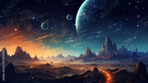Fantastic alien landscape of another planet with mountains  glowing road  shining lights  deep sky with stars  planets and clouds. Other worlds and fantasy concept. Science fiction cosmic background.