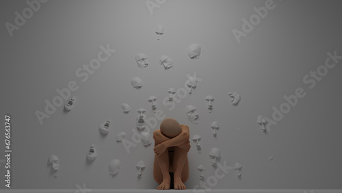 Fears and problems attacked the person. A human figure is sitting on the floor cowering in fear. Lots of screaming faces in the wall, surreal 3D concept