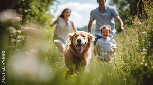  Happy family with dog in nature. Camping, travel, hiking.