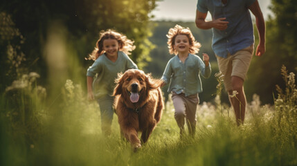 Happy family with dog in nature. Camping, travel, hiking.